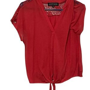 Almost Famous Women's XL Red Crochet Sleeve Blouse Tie Front Top